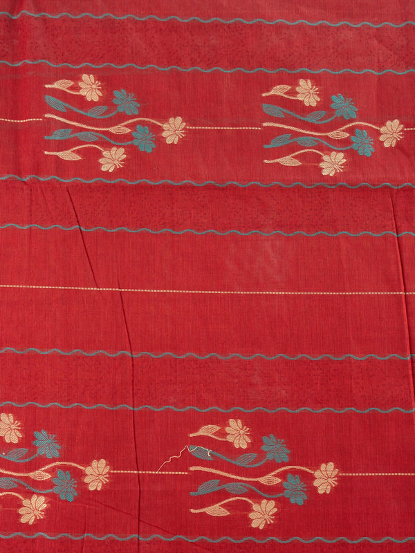 Maroon red silk cotton saree with orange contrast border, floral woven motifs and decorative pallu
