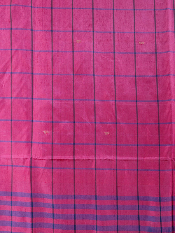 Pink and navy blue Banana Silk saree with blue checks and silver zari paisley pallu