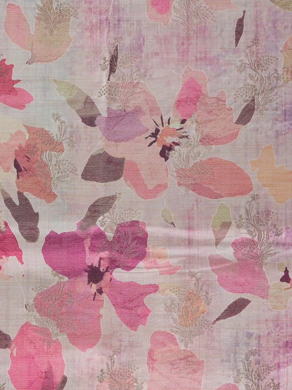 Pink and mauve floral semi tussar saree with contrast mauve zari border and woven pallu