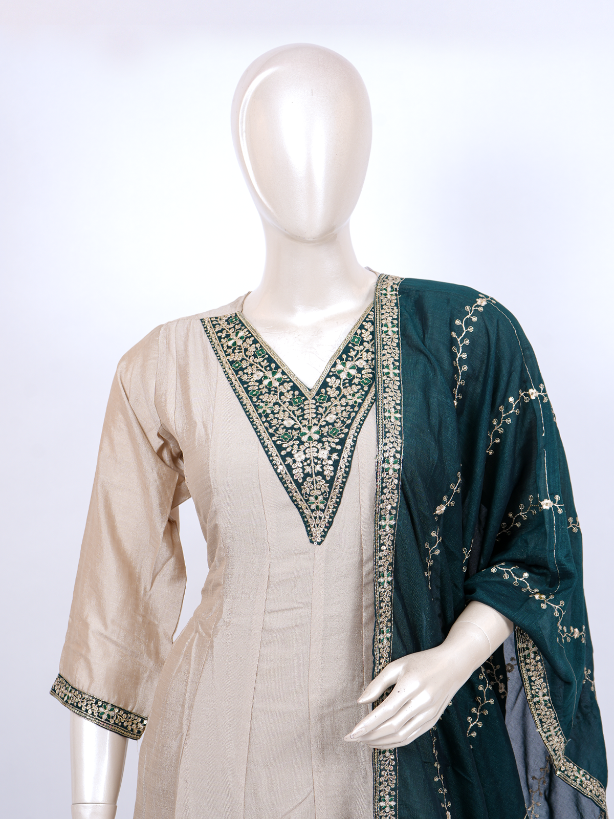 Beige embroidered silk blend kurti set with straight pants and teal green zari embroidered dupatta