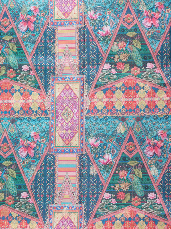Teal blue and multicolour Dola silk saree with patchwork floral print and silver zari contrast border