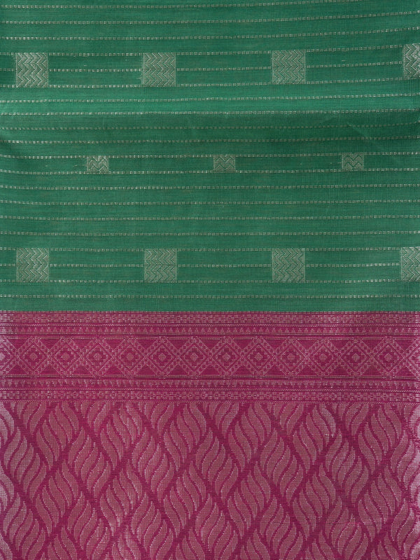 Bottle green silk cotton saree with silver zari stripes and contrast magenta border and pallu