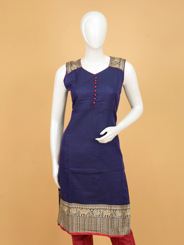 Navy Blue cotton straight cut kurti set with gold zari elephant border, red potli buttons and matching dupatta