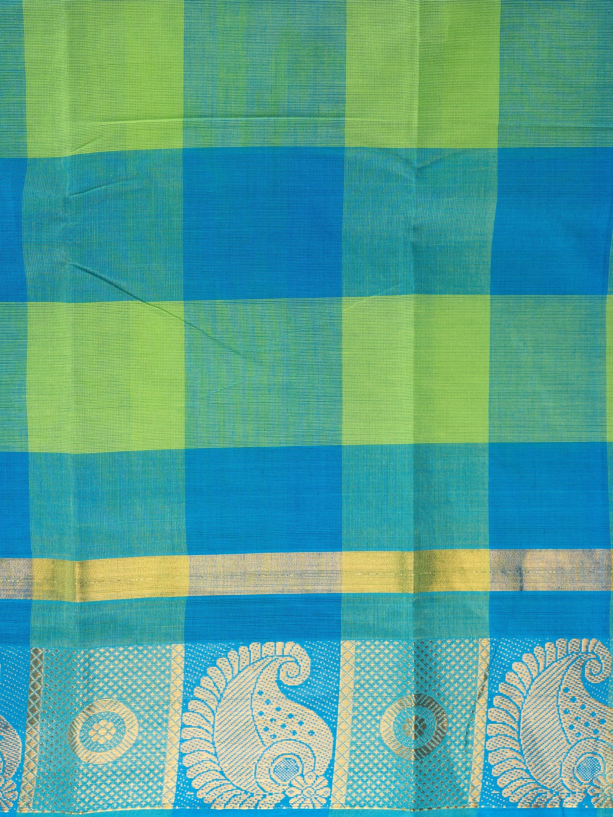Blue and green checked Chettinad cotton saree with contrast blue zari paisley border