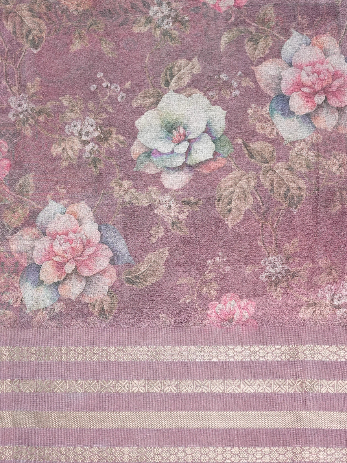 Dusty mauve floral printed designer saree with gold zari border and patchwork pallu