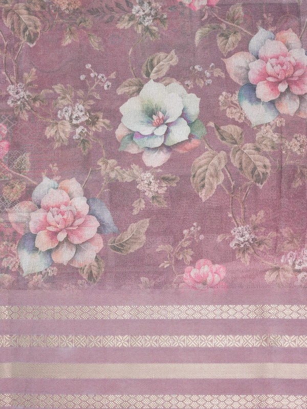 Dusty mauve floral printed designer saree with gold zari border and patchwork pallu