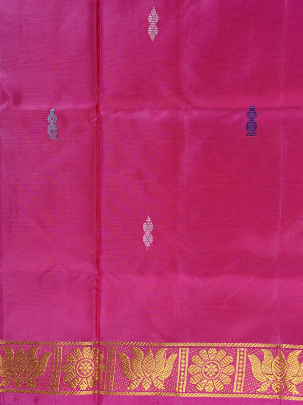 Pink banana silk saree with gold zari border, blue buti motifs and contrasting sky blue pallu