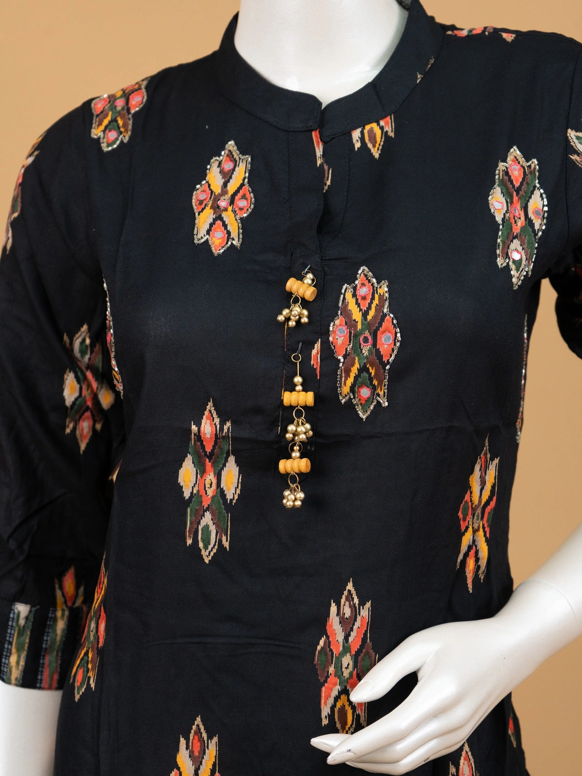 Black ikat print cotton co-ord kurti set with mirror work and matching printed pants