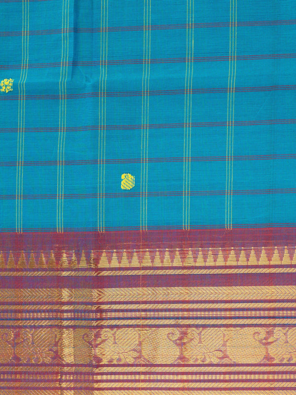 Peacock blue Chettinad cotton saree with checked body, yellow buttas and magenta gold zari border