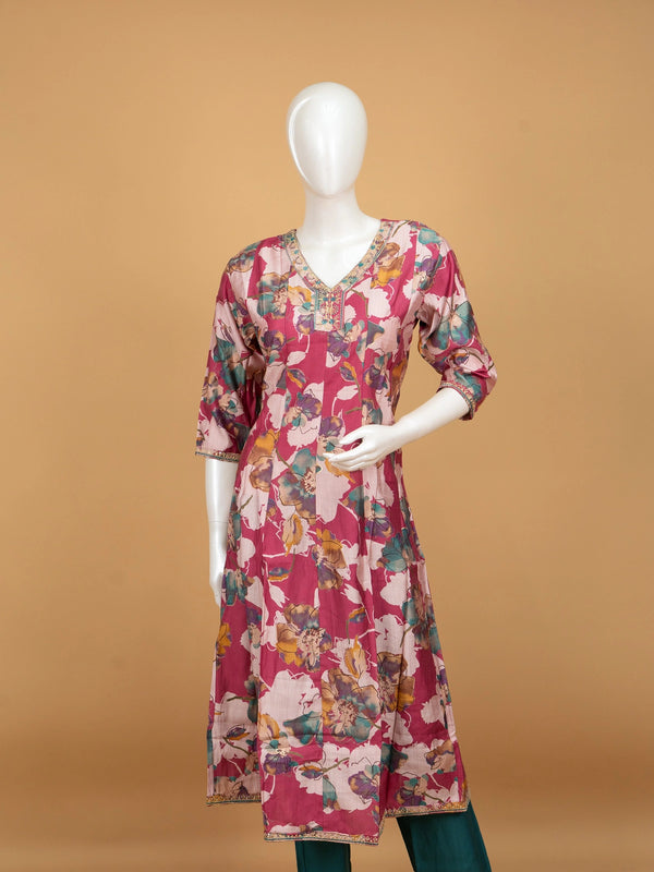 Pink floral printed silk blend A-line kurti set with embellished neckline and contrasting teal dupatta