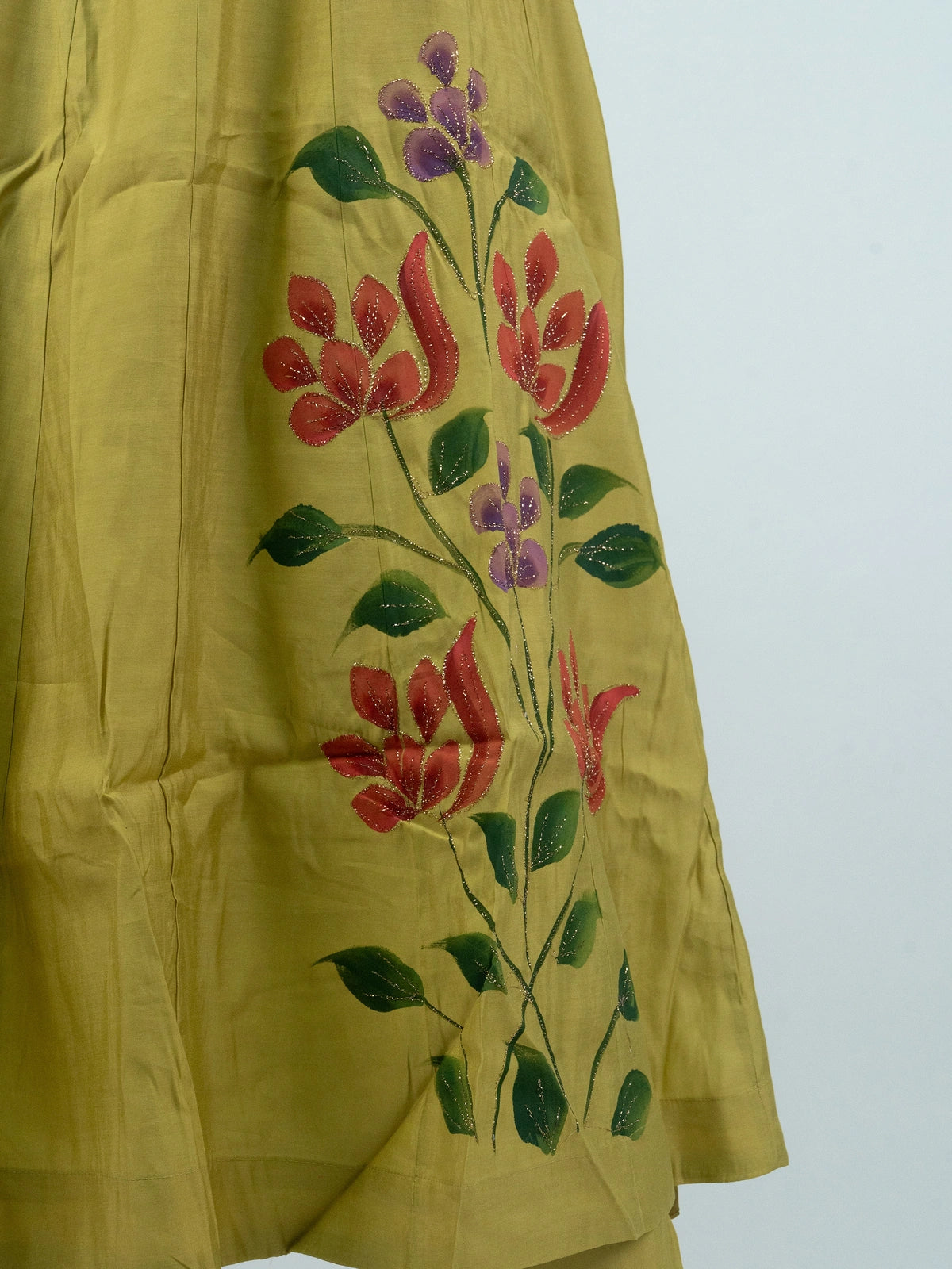 Mehndi Green hand-painted floral Anarkali kurti set with mirror work neckline and matching chiffon dupatta