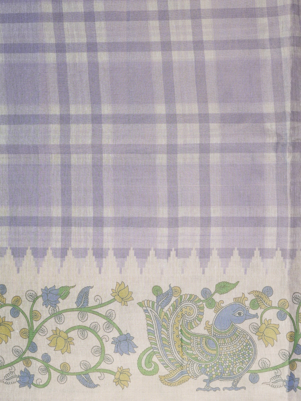 Lavender and cream checked linen cotton saree with Kalamkari peacock and floral printed pallu and border