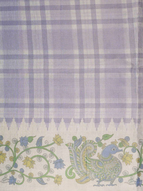 Lavender and cream checked linen cotton saree with Kalamkari peacock and floral printed pallu and border