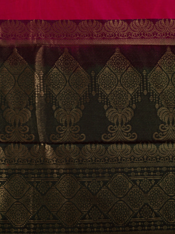 Rani pink silk cotton saree with contrast green and gold zari border and pallu