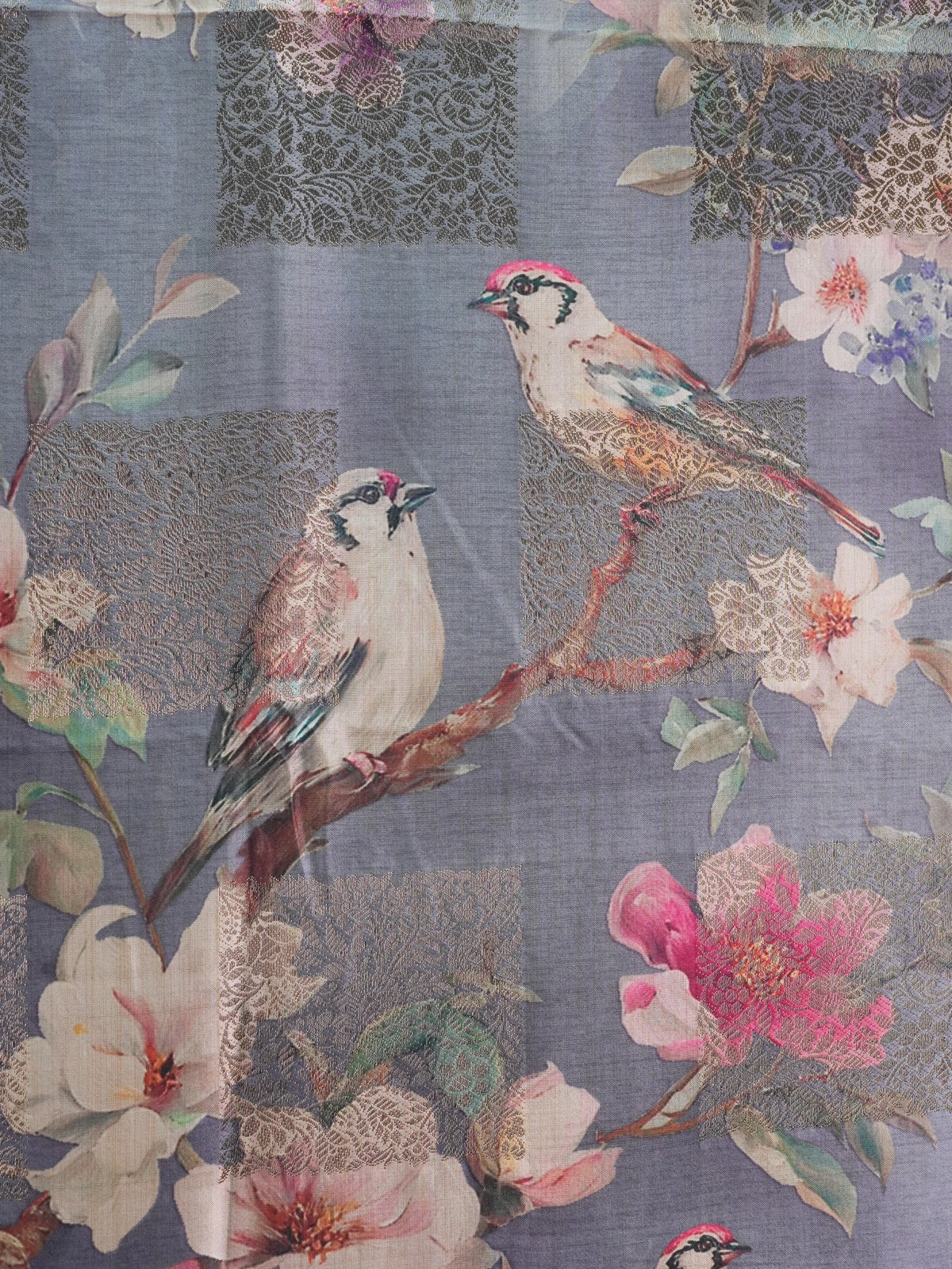 Grey semi tussar saree with floral and bird digital print and silver zari border
