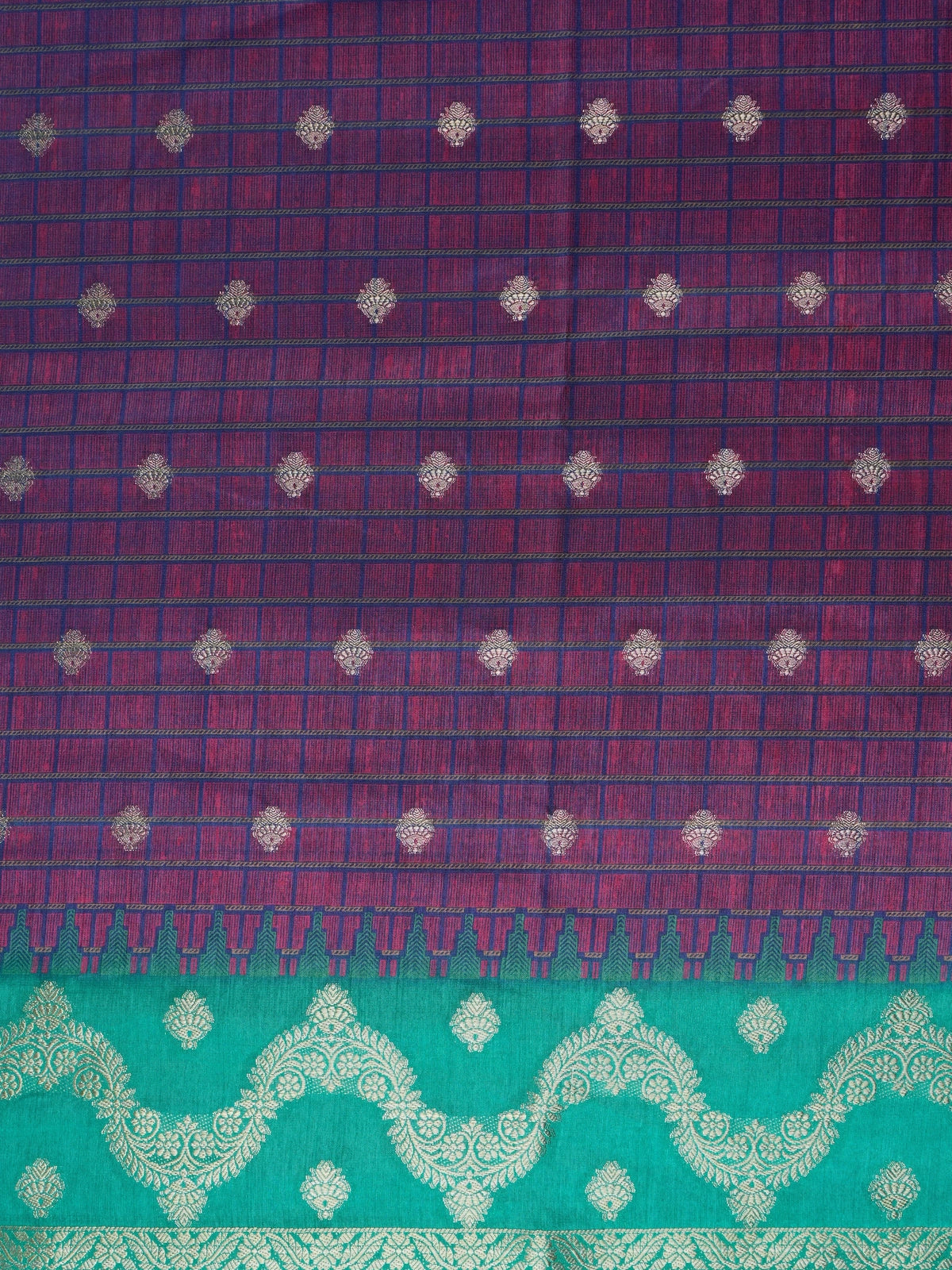 Purple Dola silk saree with teal green contrast zari border and silver zari buttas