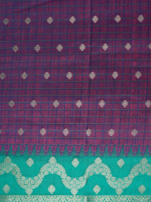 Purple Dola silk saree with teal green contrast zari border and silver zari buttas