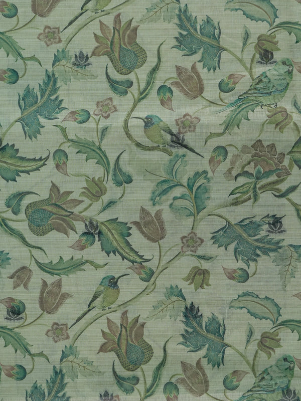 Sage green linen cotton saree with floral and bird print, grey floral border and Pattachitra-style pallu
