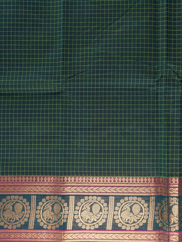 Green Chettinad cotton saree with yellow checks and a magenta gold zari peacock border