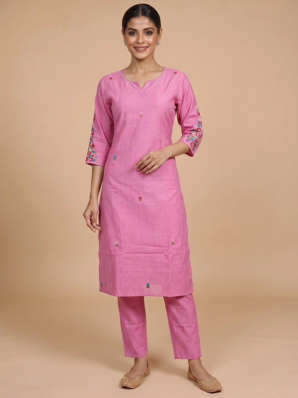 Pink floral embroidered cotton kurti set with matching straight-fit pants