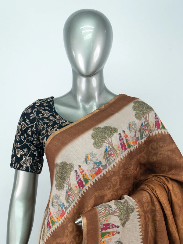 Brown and cream linen cotton saree with pichwai-style printed border, ikat body and contrast black blouse