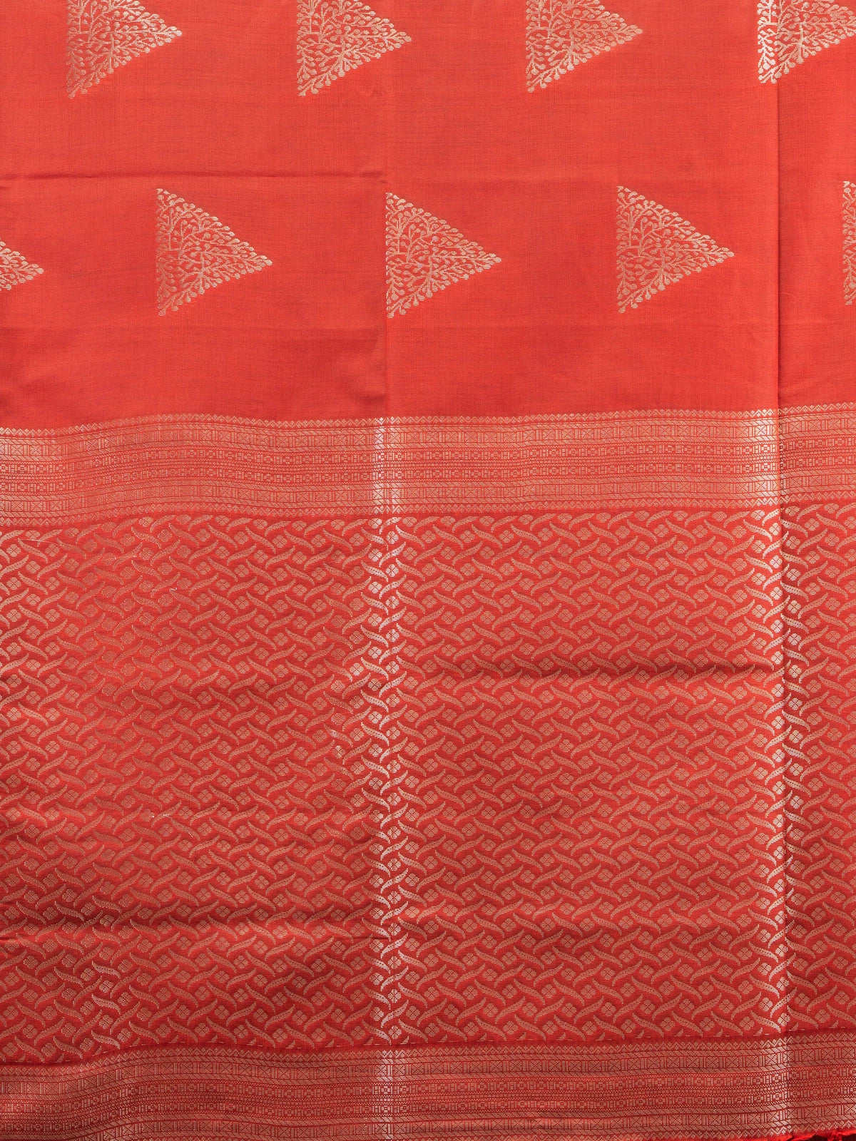 Red Kanchipuram Fancy Silk saree with contrast beige gold zari border and temple triangle motifs