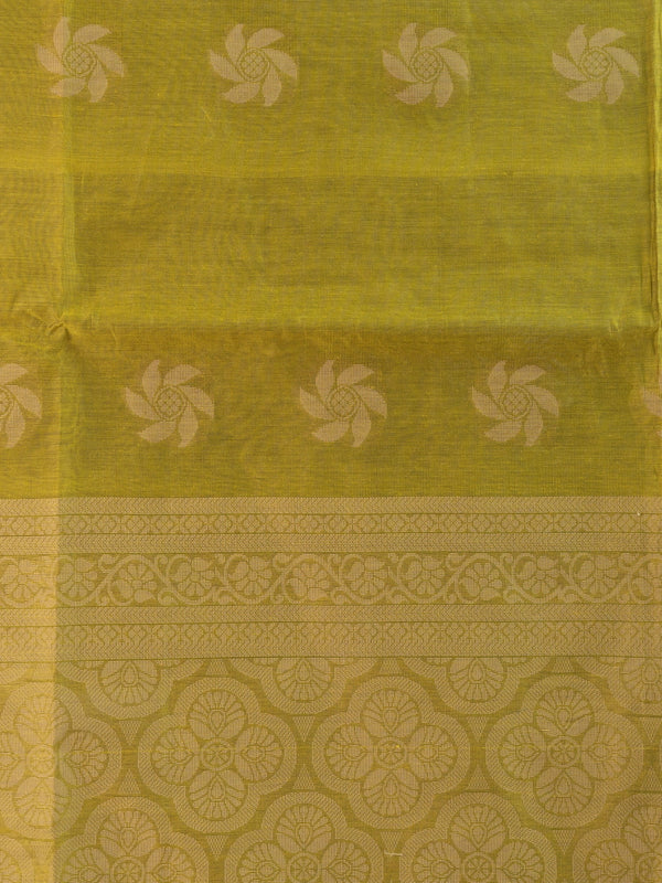 Olive green silk cotton saree with cream woven floral buttas and decorative border