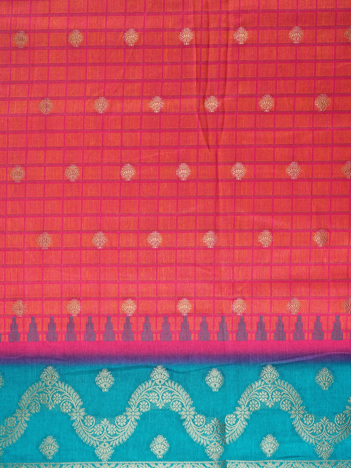 Coral red Dola silk saree with pink checks, gold zari buttas and a contrast teal blue zari border