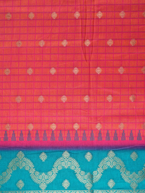 Coral red Dola silk saree with pink checks, gold zari buttas and a contrast teal blue zari border