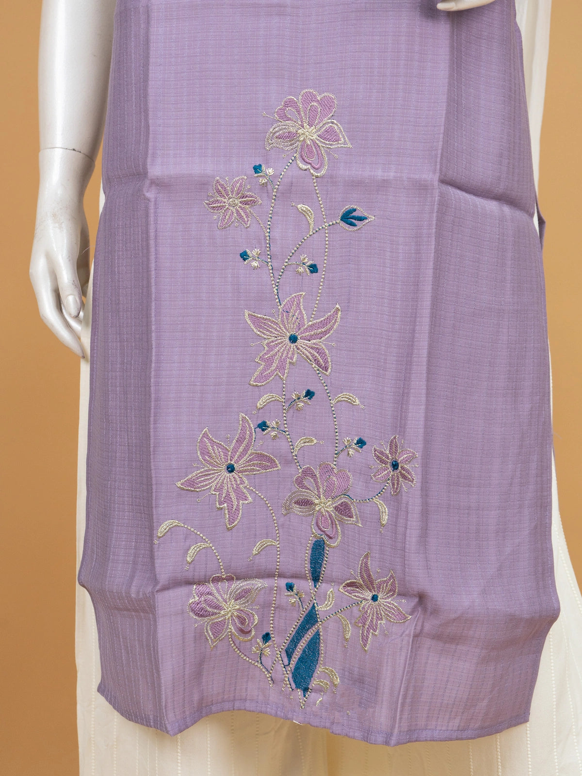 Lavender floral embroidered cotton silk Anarkali kurti top with scalloped neckline