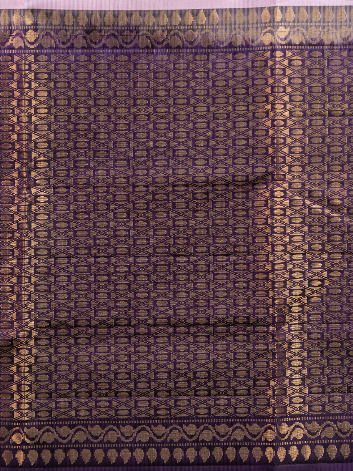 Pink pure soft silk saree with dark purple contrast temple zari border and gold zari brocade pallu