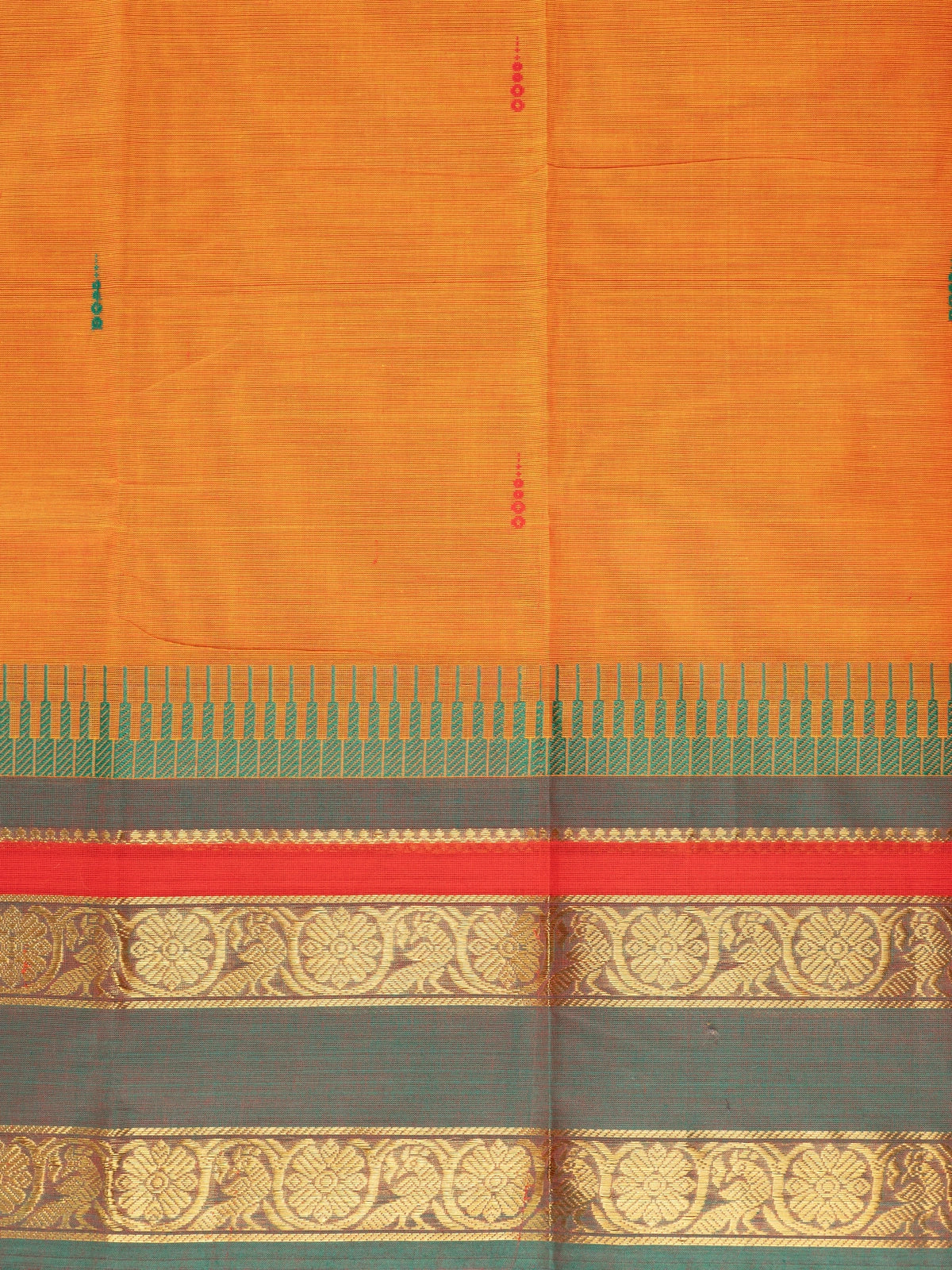 Orange Chettinad cotton saree with contrast green and gold zari border and woven buttas