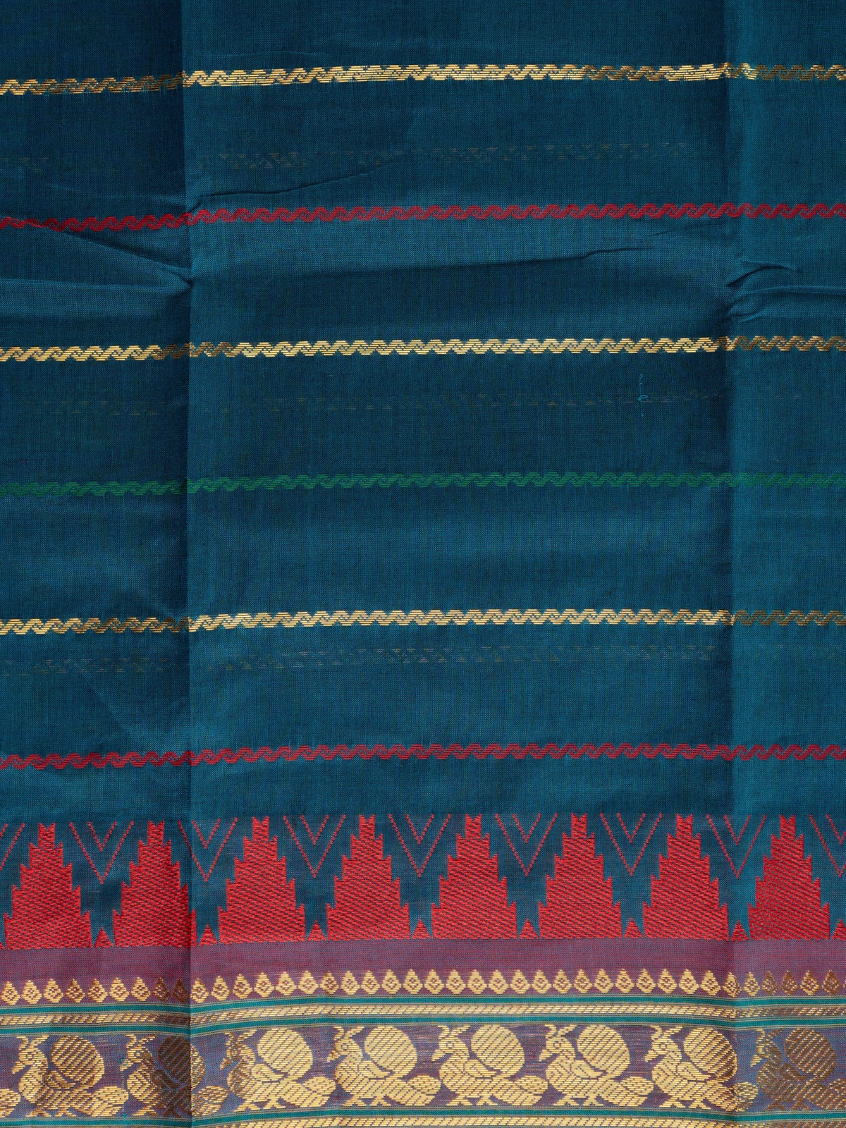 Peacock blue Chettinad cotton saree with contrast maroon temple border and green zari-striped pallu