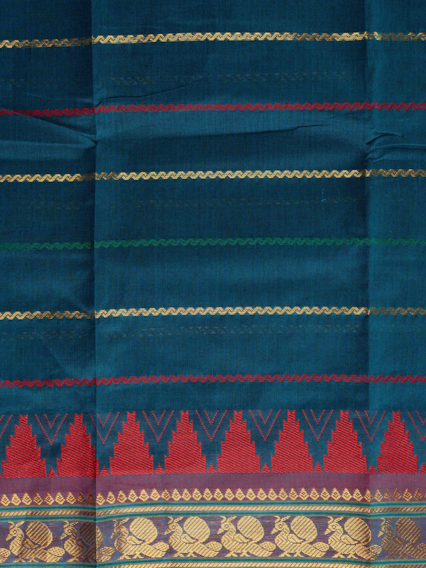 Peacock blue Chettinad cotton saree with contrast maroon temple border and green zari-striped pallu