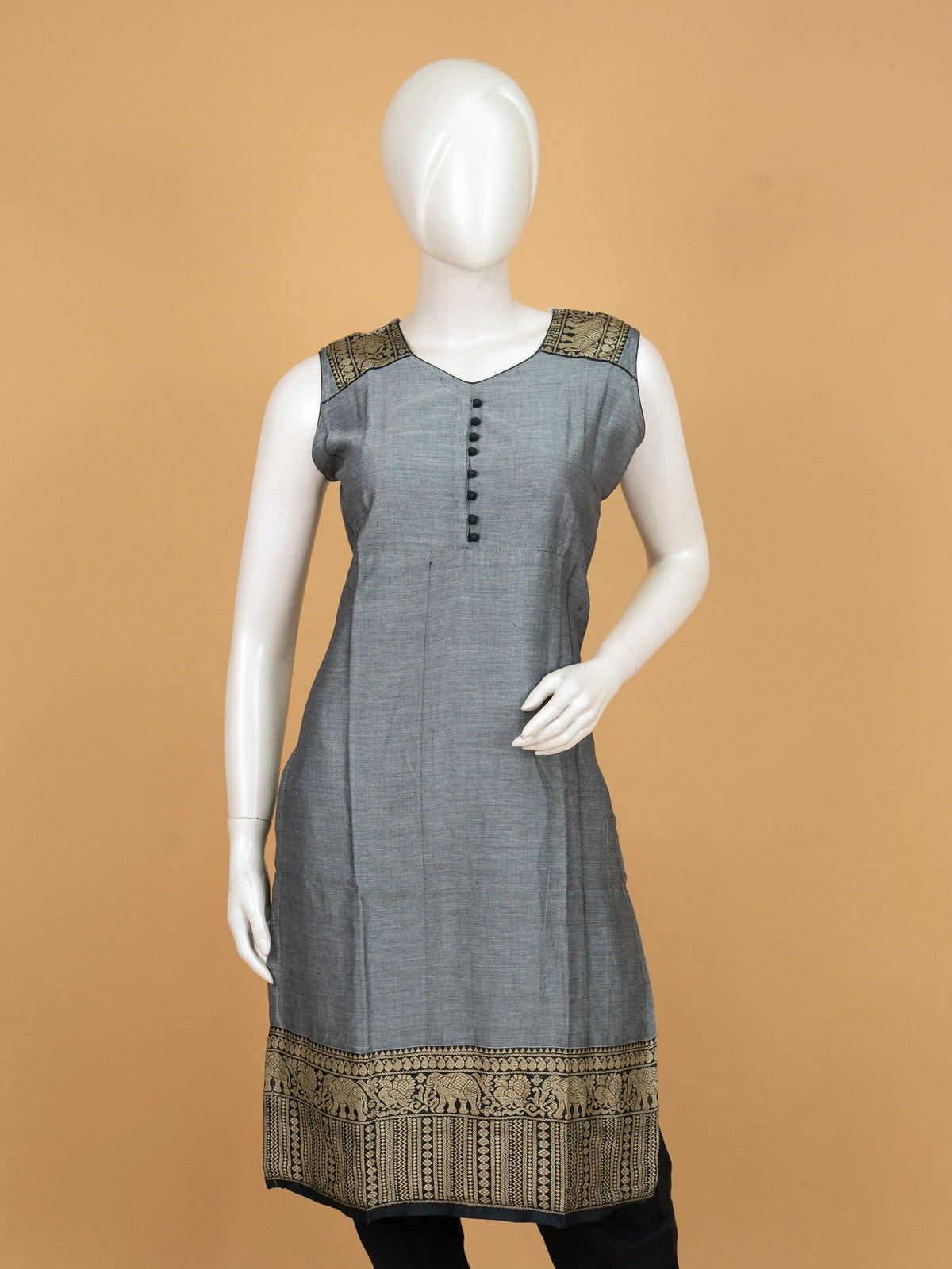 Grey cotton straight cut kurti set with black-gold woven elephant motif border and matching dupatta