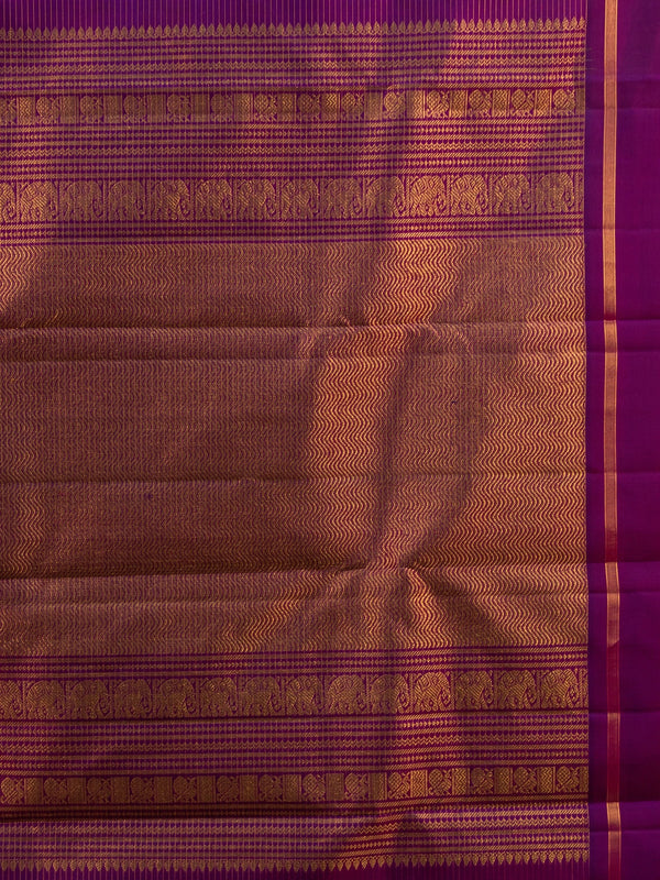 Orange and purple pure Kanchipuram silk saree with gold zari border and traditional motif pallu