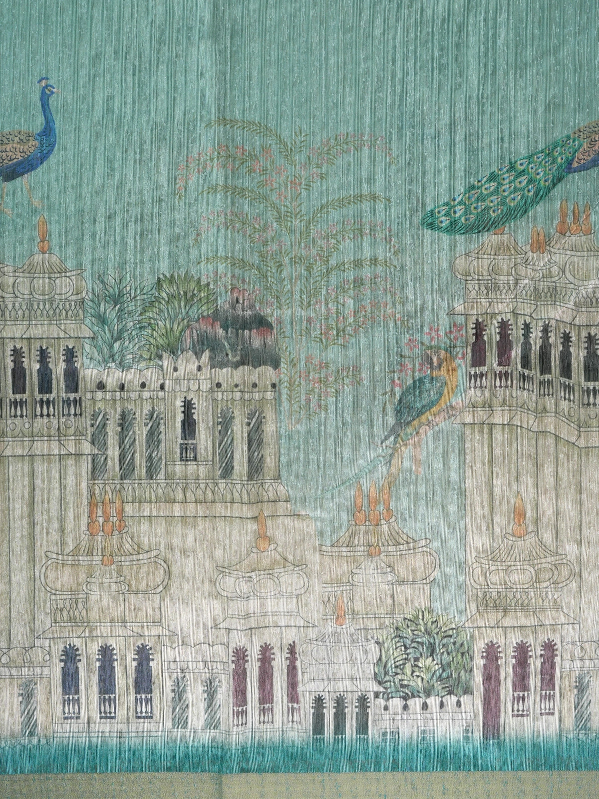 Sea green semi tussar saree with teal zari border and peacock palace printed pallu