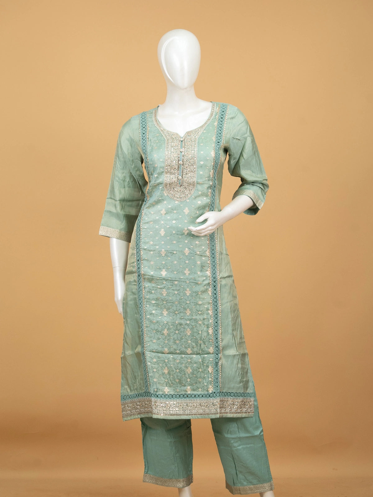 Sea Green Chanderi silk zari embroidered straight cut kurti set with pants and gold-dotted dupatta