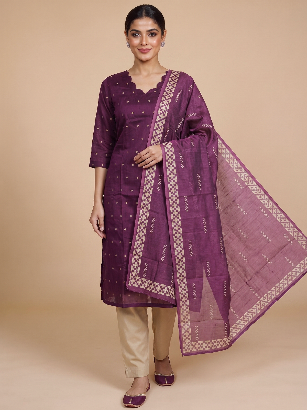 Wine purple woven buti cotton silk kurti set with beige pants and contrast border dupatta