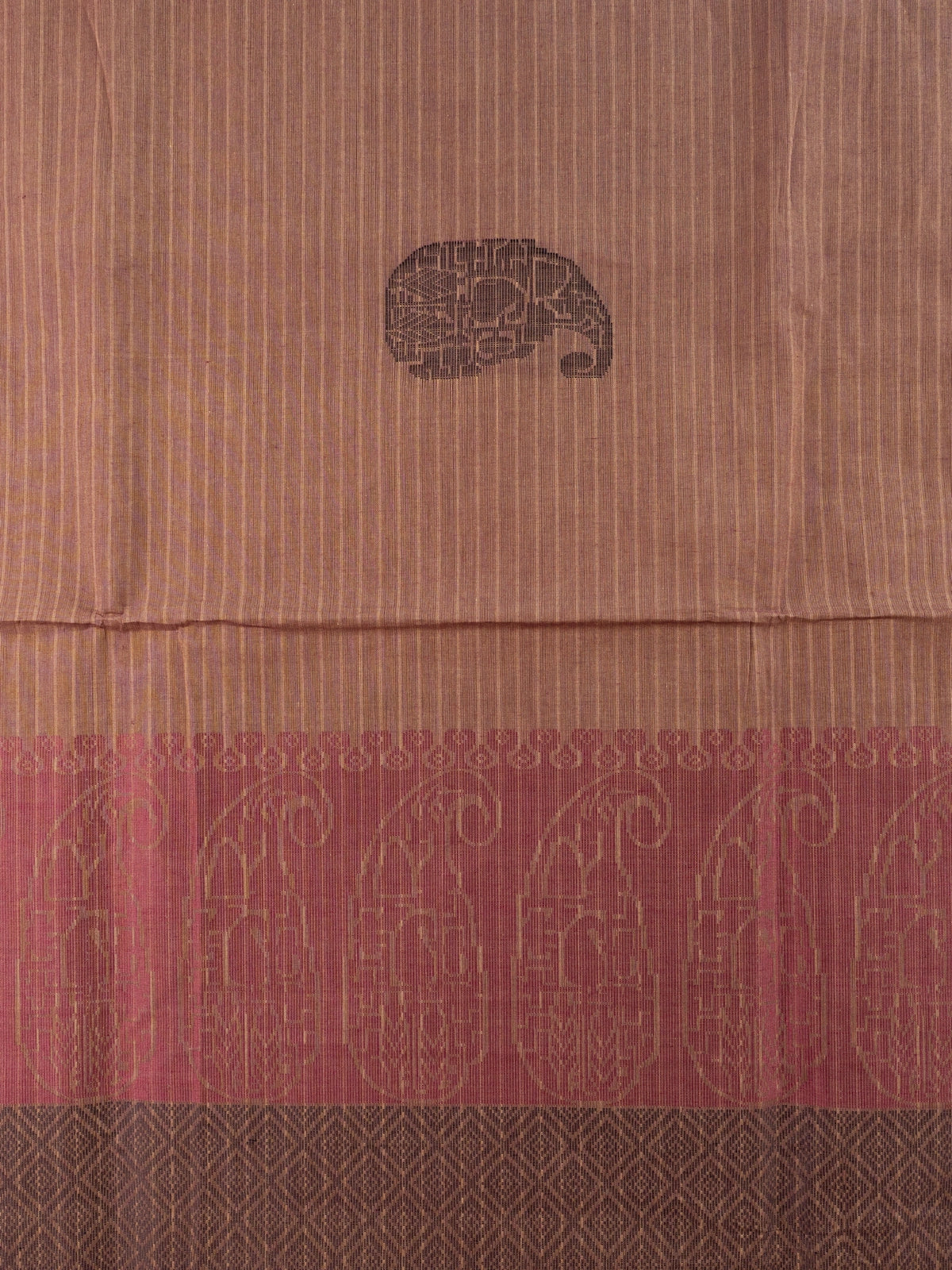 Brown and maroon semi raw silk saree with woven paisley motifs and contrast border