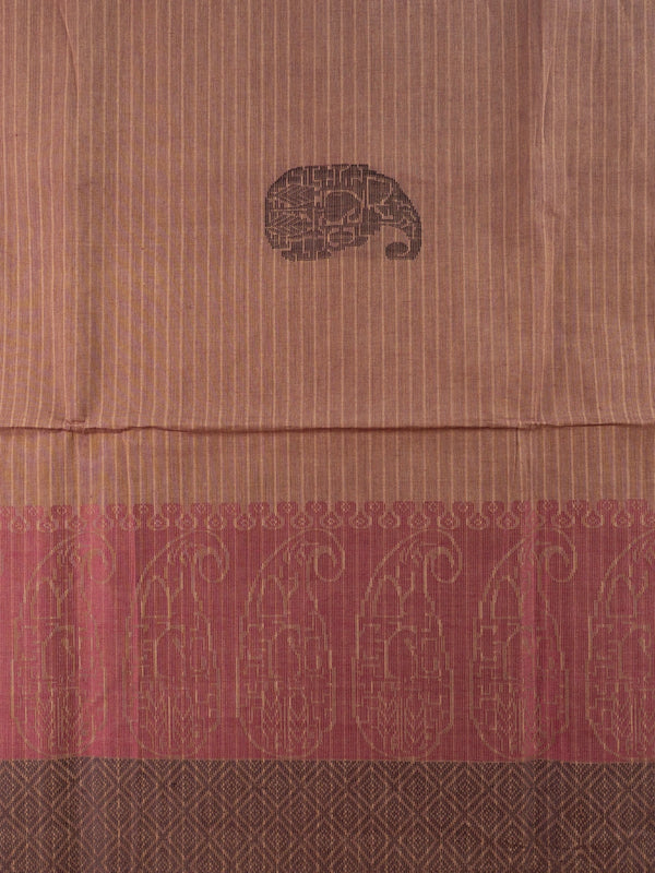 Brown and maroon semi raw silk saree with woven paisley motifs and contrast border