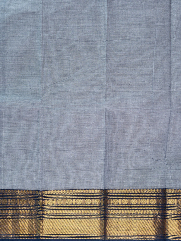 Grey Chettinad cotton saree with contrast navy blue and gold zari border