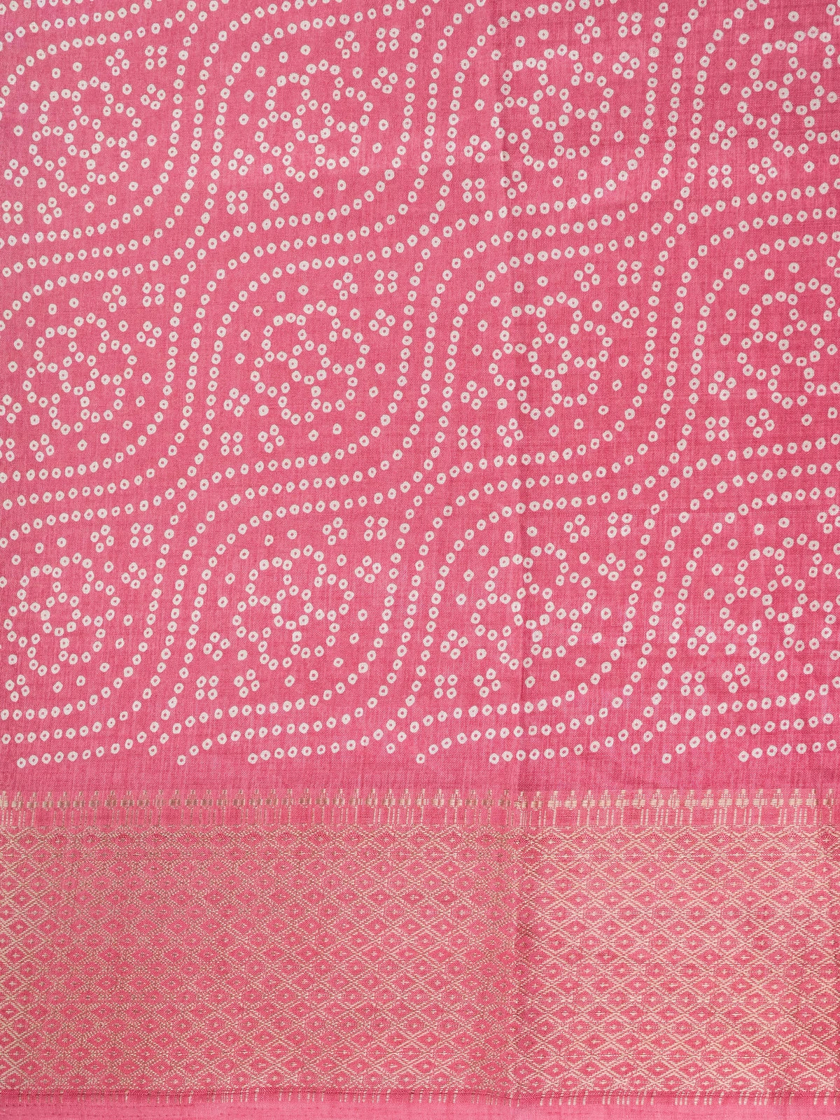 Pink bandhani-print Dola silk saree with gold zari border and floral paisley pallu