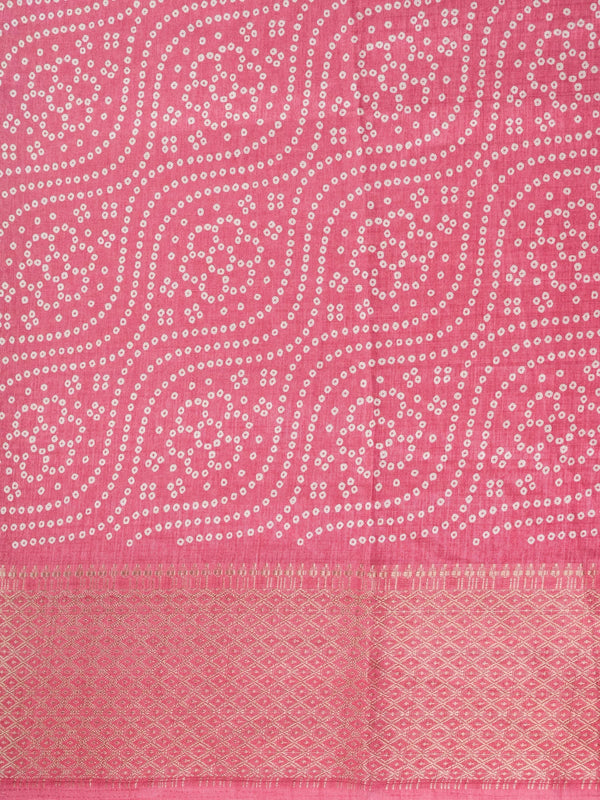 Pink bandhani-print Dola silk saree with gold zari border and floral paisley pallu