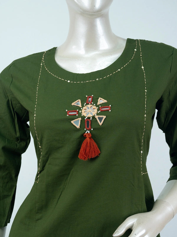 Mehendi green cotton mirror work Anarkali kurti set with rust printed dupatta and matching pants