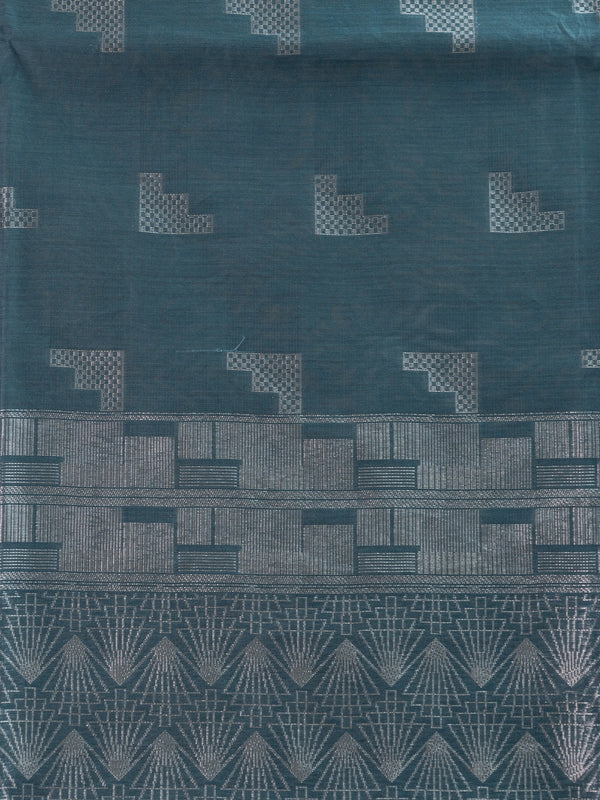 Teal blue silk cotton saree with silver zari geometric motifs and patterned pallu
