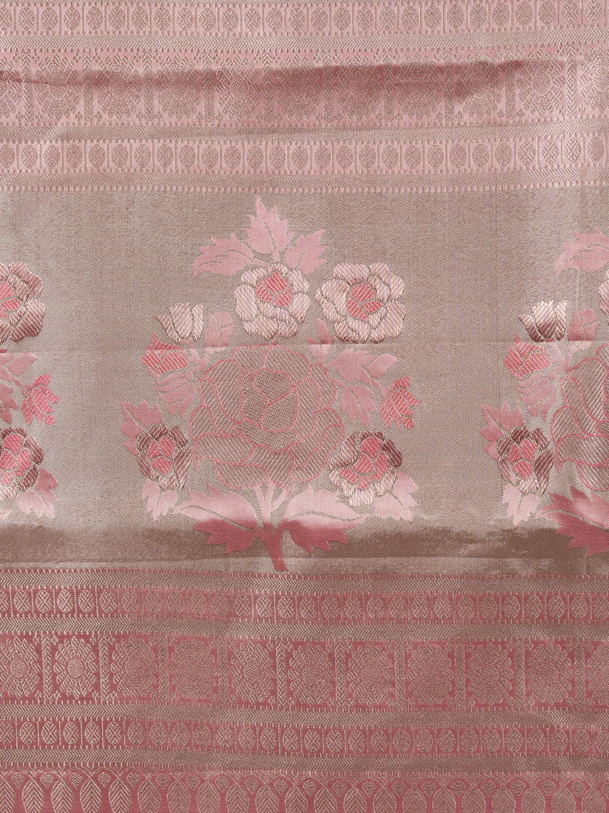 Rose pink Pure Kanchipuram silk saree with silver zari jaal body, contrast border and floral zari pallu