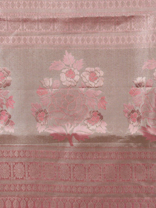 Rose pink Pure Kanchipuram silk saree with silver zari jaal body, contrast border and floral zari pallu