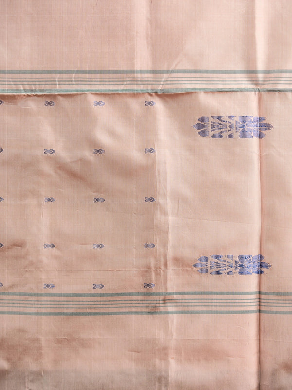 Dark green banana silk saree with gold zari stripes and contrast peach pallu with blue floral motifs