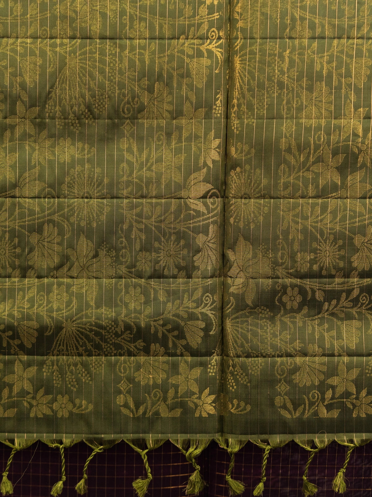 Wine purple Kanchipuram pure mix saree with gold zari checks and olive green floral zari contrast border